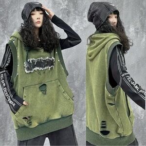 🆕 Unisex Cotton Hoodie Vest - Sleeveless - Distressed - Moto Sport - 100% COTTON